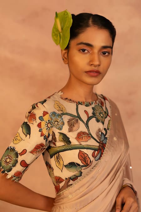 Aamra By Lavanya_Beige Silk, Satin Sequins, Embroidery Round Neck Hand Saree With Blouse _Online_at_Aza_Fashions