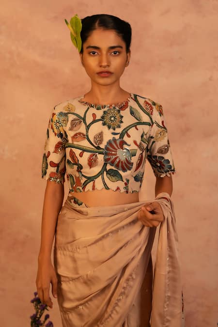 Buy_Aamra By Lavanya_Beige Silk, Satin Sequins, Embroidery Round Neck Hand Saree With Blouse _Online_at_Aza_Fashions