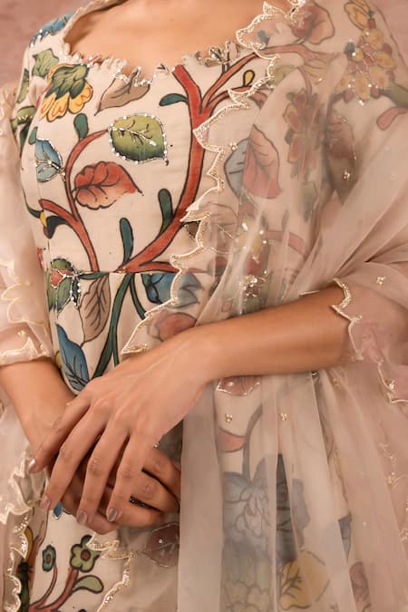 Buy_Aamra By Lavanya_Ivory Organza, Satin Embroidery, Sequins, Cut Hand Painted Kurta Sharara Set _Online_at_Aza_Fashions