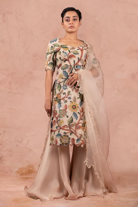 Aamra By Lavanya_Ivory Organza, Satin Embroidery, Sequins, Cut Hand Painted Kurta Sharara Set _at_Aza_Fashions