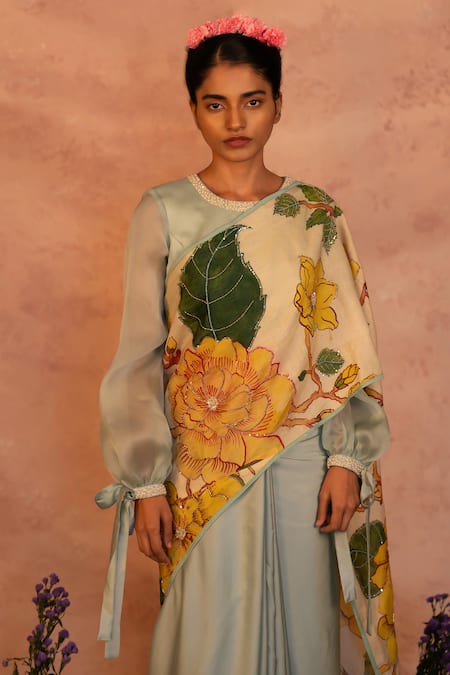 Buy_Aamra By Lavanya_Blue Organza, Satin Pearls, Floral Kalamkari Hand Painted Saree With Blouse _Online_at_Aza_Fashions