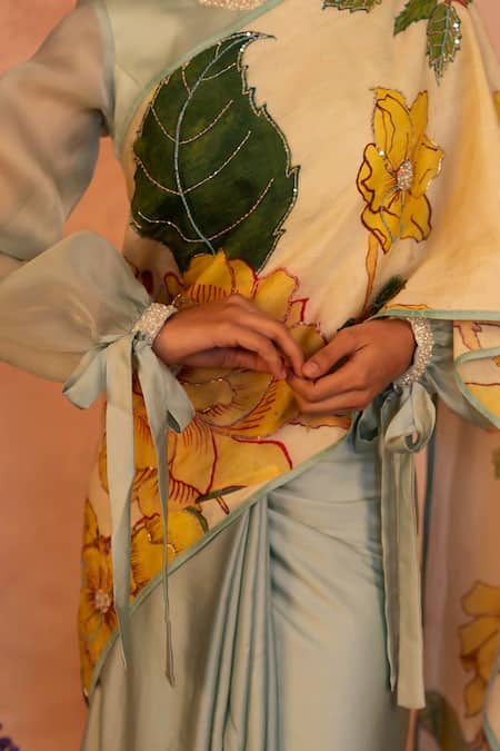 Shop_Aamra By Lavanya_Blue Organza, Satin Pearls, Floral Kalamkari Hand Painted Saree With Blouse _Online_at_Aza_Fashions