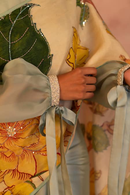 Aamra By Lavanya_Blue Organza, Satin Pearls, Floral Kalamkari Hand Painted Saree With Blouse _at_Aza_Fashions