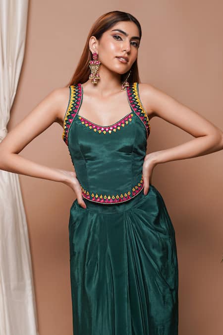 Buy Ahi Clothing Green Hemp, Crepe Mirrors, Embroidery Resham Blouse With Draped Skirt Online at Aza Fashions Buy_Ahi Clothing_Green Hemp, Crepe Mirrors, Embroidery Resham Blouse With Draped Skirt _Online_at_Aza_Fashions