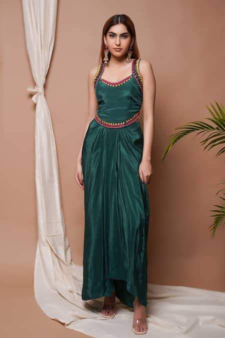 Shop Ahi Clothing Green Hemp, Crepe Mirrors, Embroidery Resham Blouse With Draped Skirt Online at Aza Fashions Shop_Ahi Clothing_Green Hemp, Crepe Mirrors, Embroidery Resham Blouse With Draped Skirt _Online_at_Aza_Fashions