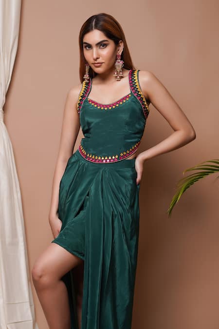 Ahi Clothing Green Hemp, Crepe Mirrors, Embroidery Resham Blouse With Draped Skirt at Aza Fashions Ahi Clothing_Green Hemp, Crepe Mirrors, Embroidery Resham Blouse With Draped Skirt _at_Aza_Fashions