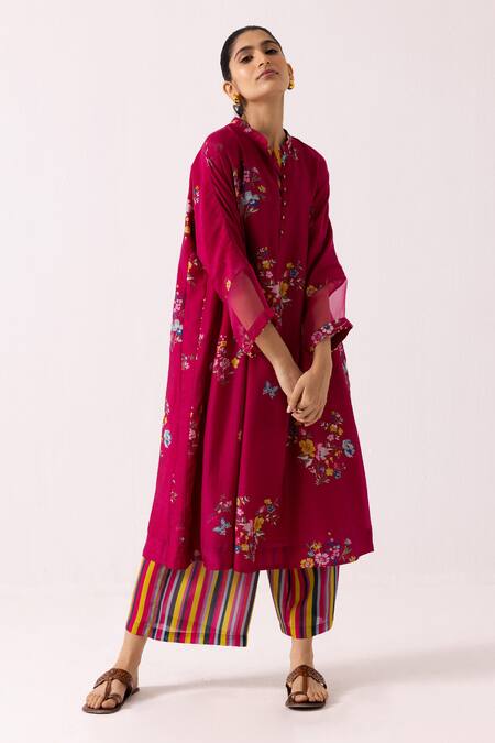 Label Shreya Sharma Magenta Cotton, Silk Embroidery Floral Blossom Patterned Kurta With Pant Online at Aza Fashions Label Shreya Sharma_Magenta Cotton, Silk Embroidery Floral Blossom Patterned Kurta With Pant _Online_at_Aza_Fashions