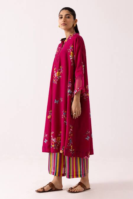 Shop Label Shreya Sharma Magenta Cotton, Silk Embroidery Floral Blossom Patterned Kurta With Pant Online at Aza Fashions Shop_Label Shreya Sharma_Magenta Cotton, Silk Embroidery Floral Blossom Patterned Kurta With Pant _Online_at_Aza_Fashions