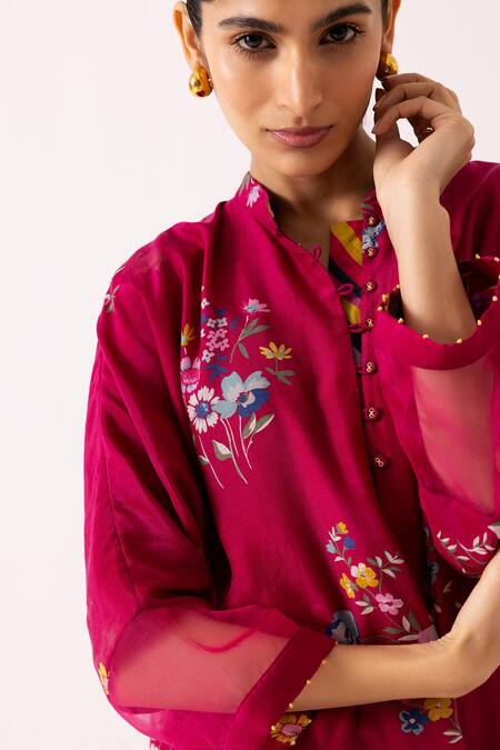 Label Shreya Sharma Magenta Cotton, Silk Embroidery Floral Blossom Patterned Kurta With Pant at Aza Fashions Label Shreya Sharma_Magenta Cotton, Silk Embroidery Floral Blossom Patterned Kurta With Pant _at_Aza_Fashions