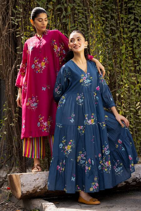 Buy Label Shreya Sharma Magenta Cotton, Silk Embroidery Floral Blossom Patterned Kurta With Pant Buy_Label Shreya Sharma_Magenta Cotton, Silk Embroidery Floral Blossom Patterned Kurta With Pant