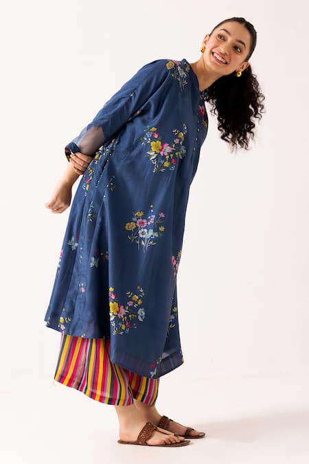 Label Shreya Sharma_Blue , Satin Embroidery Mandarin Blossom Patterned Kurta With Pant _Online_at_Aza_Fashions