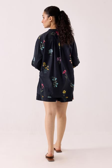 Shop Label Shreya Sharma Black Cotton Embroidery Mandarin Collar Floral Pattern Top With Shorts at Aza Fashions Shop_Label Shreya Sharma_Black Cotton Embroidery Mandarin Collar Floral Pattern Top With Shorts _at_Aza_Fashions