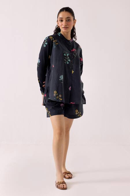 Label Shreya Sharma Black Cotton Embroidery Mandarin Collar Floral Pattern Top With Shorts Online at Aza Fashions Label Shreya Sharma_Black Cotton Embroidery Mandarin Collar Floral Pattern Top With Shorts _Online_at_Aza_Fashions