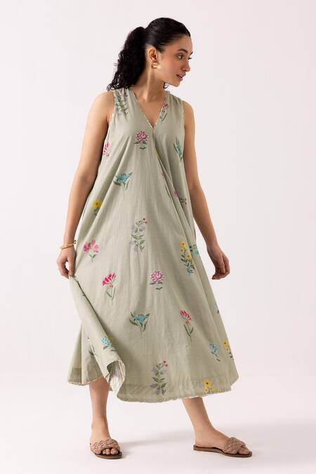 Shop_Label Shreya Sharma_Green Cotton Embroidery V-neck Blossom Patterned Dress _Online_at_Aza_Fashions
