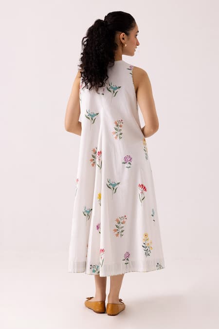 Shop_Label Shreya Sharma_White Cotton Embroidery V-neck Floral Pattern Dress _at_Aza_Fashions