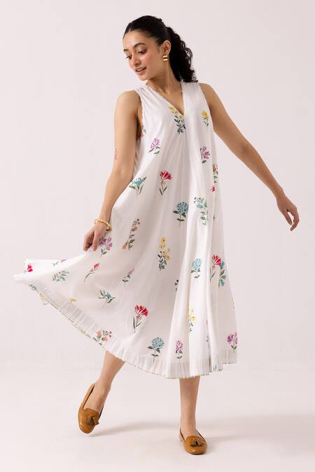 Shop_Label Shreya Sharma_White Cotton Embroidery V-neck Floral Pattern Dress _Online_at_Aza_Fashions