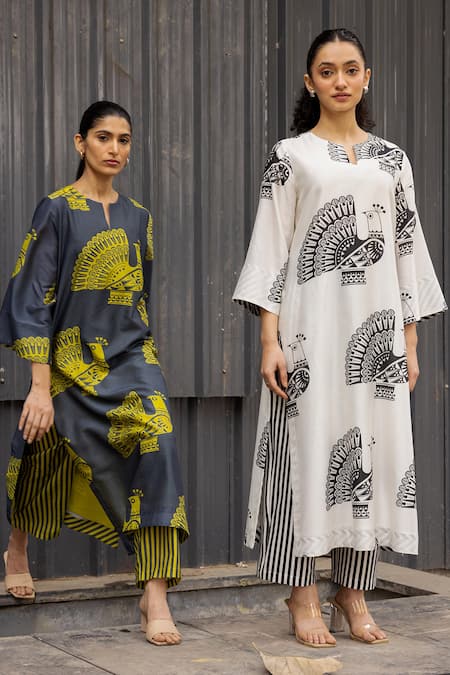 Shop_Label Shreya Sharma_White Chanderi, Cotton Embroidery Peacock Patterned Straight Kurta With Pant _Online_at_Aza_Fashions