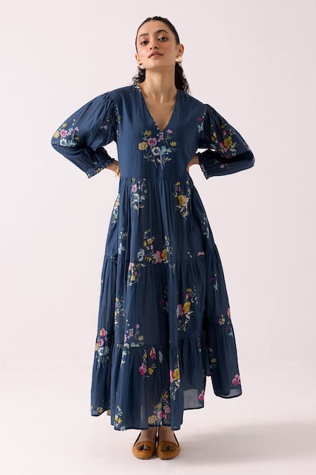 Label Shreya Sharma Blue Cotton Floral V-neck Pattern Tiered Dress 