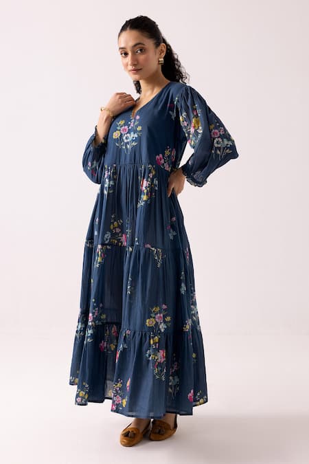 Label Shreya Sharma Blue Cotton V-neck Floral Pattern Tiered Dress at Aza Fashions Label Shreya Sharma_Blue Cotton V-neck Floral Pattern Tiered Dress _at_Aza_Fashions