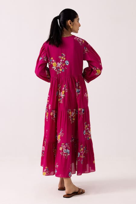Shop Label Shreya Sharma Pink Cotton Embroidery V-neck Blossom Pattern Tiered Dress at Aza Fashions Shop_Label Shreya Sharma_Pink Cotton Embroidery V-neck Blossom Pattern Tiered Dress _at_Aza_Fashions