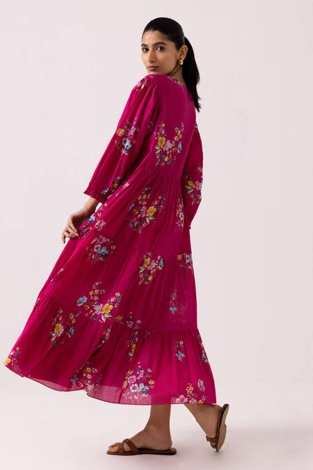 Label Shreya Sharma Pink Cotton Embroidery V-neck Blossom Pattern Tiered Dress Online at Aza Fashions Label Shreya Sharma_Pink Cotton Embroidery V-neck Blossom Pattern Tiered Dress _Online_at_Aza_Fashions