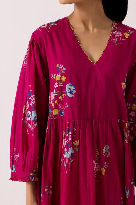Buy Label Shreya Sharma Pink Cotton Embroidery V-neck Blossom Pattern Tiered Dress Online at Aza Fashions Buy_Label Shreya Sharma_Pink Cotton Embroidery V-neck Blossom Pattern Tiered Dress _Online_at_Aza_Fashions