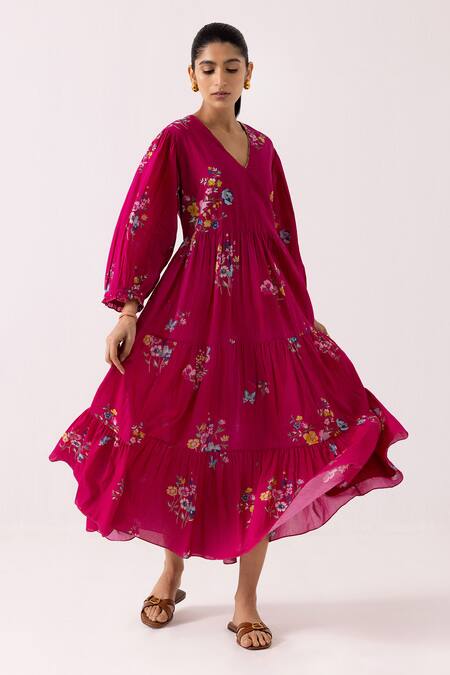 Shop Label Shreya Sharma Pink Cotton Embroidery V-neck Blossom Pattern Tiered Dress Online at Aza Fashions Shop_Label Shreya Sharma_Pink Cotton Embroidery V-neck Blossom Pattern Tiered Dress _Online_at_Aza_Fashions