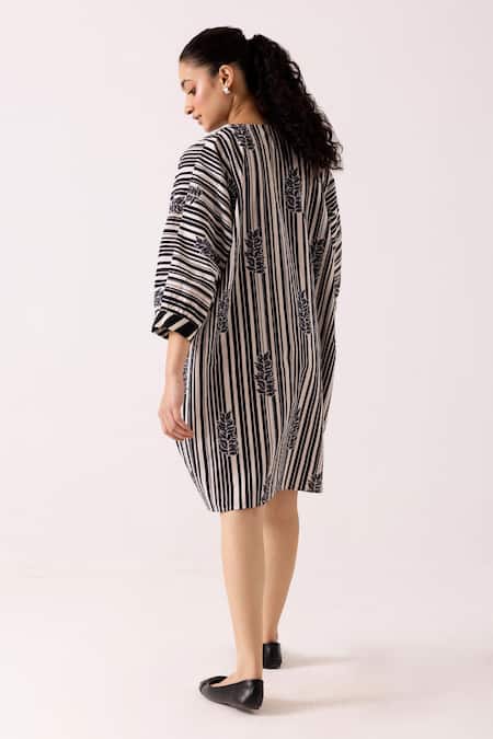 Shop_Label Shreya Sharma_Black Cotton Open Neck Stripe Pattern Dress _at_Aza_Fashions
