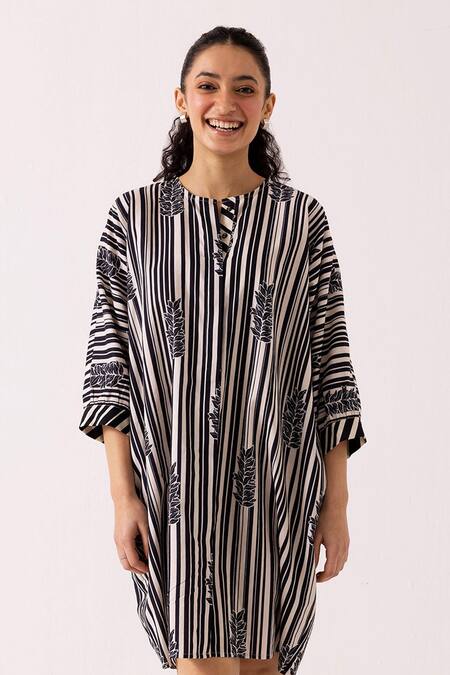 Label Shreya Sharma_Black Cotton Open Neck Stripe Pattern Dress _Online_at_Aza_Fashions