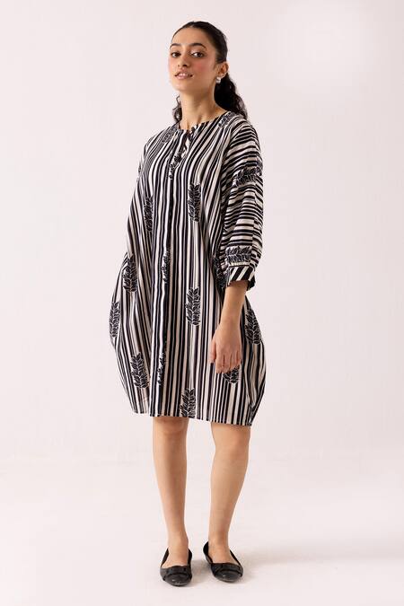 Buy_Label Shreya Sharma_Black Cotton Open Neck Stripe Pattern Dress _Online_at_Aza_Fashions