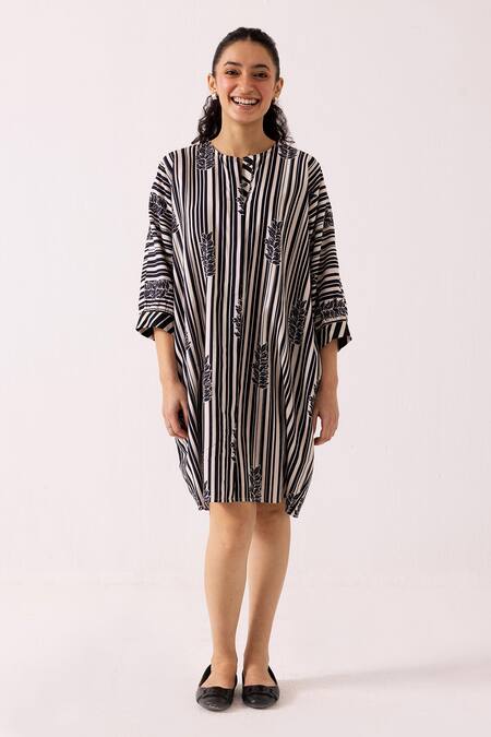 Shop_Label Shreya Sharma_Black Cotton Open Neck Stripe Pattern Dress _Online_at_Aza_Fashions