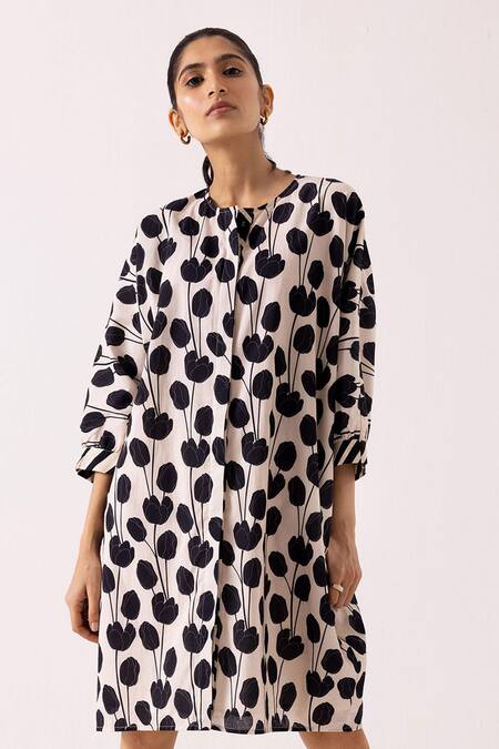 Label Shreya Sharma_Black Cotton Button-down Neck Tulip Pattern Dress _Online_at_Aza_Fashions