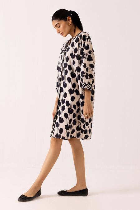 Buy_Label Shreya Sharma_Black Cotton Button-down Neck Tulip Pattern Dress _Online_at_Aza_Fashions