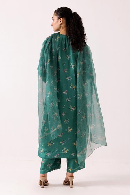 Shop Label Shreya Sharma Green Cotton, Silk, Kota Doria V-neck Floral Print Kurta Pant Set at Aza Fashions Shop_Label Shreya Sharma_Green Cotton, Silk, Kota Doria V-neck Floral Print Kurta Pant Set _at_Aza_Fashions
