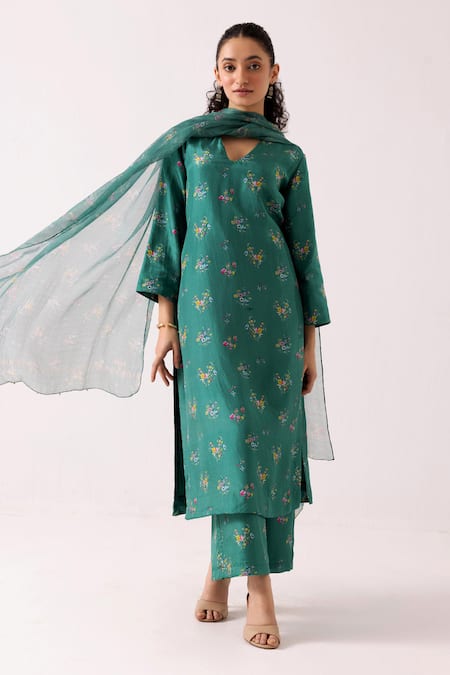 Buy Label Shreya Sharma Green Cotton, Silk, Kota Doria V-neck Floral Print Kurta Pant Set Online at Aza Fashions Buy_Label Shreya Sharma_Green Cotton, Silk, Kota Doria V-neck Floral Print Kurta Pant Set _Online_at_Aza_Fashions