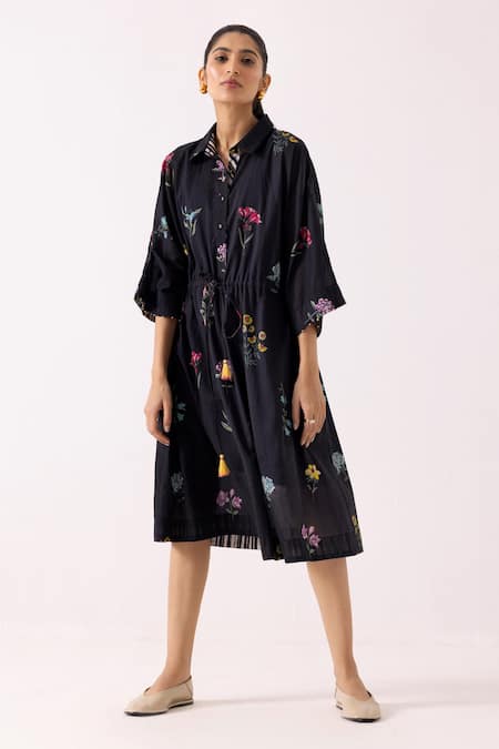 Label Shreya Sharma Black Cotton Print Floral Collared Neck Dress