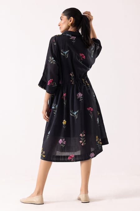 Shop_Label Shreya Sharma_Black Cotton Embroidery Collared Floral Print Dress _at_Aza_Fashions