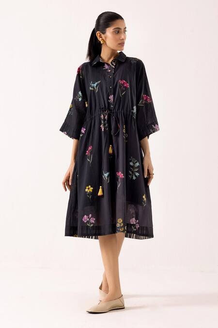 Label Shreya Sharma_Black Cotton Embroidery Collared Floral Print Dress _Online_at_Aza_Fashions