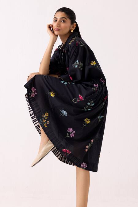 Buy_Label Shreya Sharma_Black Cotton Embroidery Collared Floral Print Dress _Online_at_Aza_Fashions