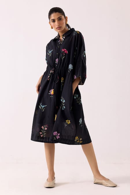 Shop_Label Shreya Sharma_Black Cotton Embroidery Collared Floral Print Dress _Online_at_Aza_Fashions
