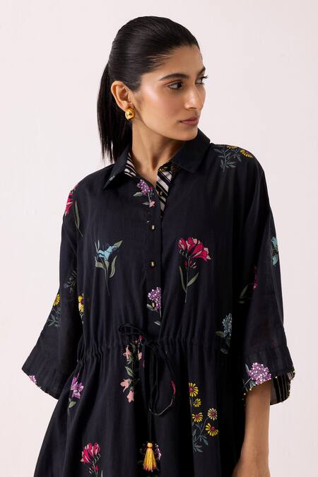 Label Shreya Sharma_Black Cotton Embroidery Collared Floral Print Dress _at_Aza_Fashions