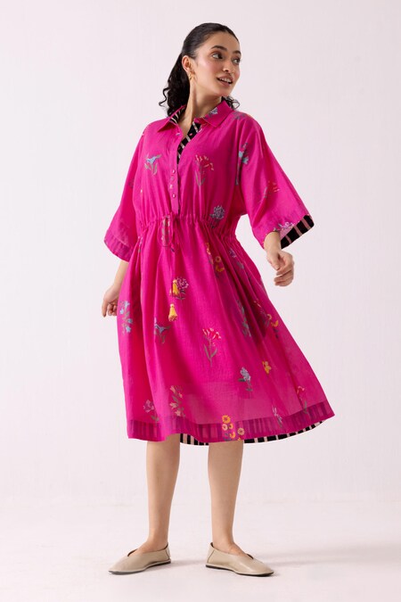 Label Shreya Sharma Pink Cotton Print Floral Collared Neck Bloom Dress