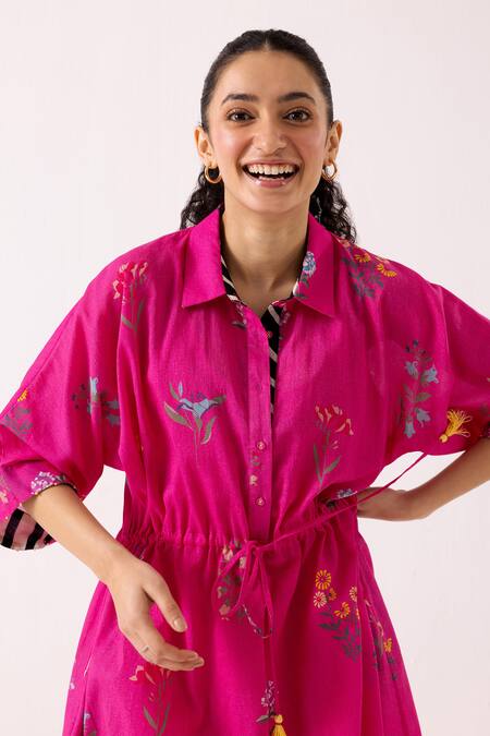 Buy Label Shreya Sharma Pink Cotton Embroidery Collared Floral Bloom Print Dress Online at Aza Fashions Buy_Label Shreya Sharma_Pink Cotton Embroidery Collared Floral Bloom Print Dress _Online_at_Aza_Fashions