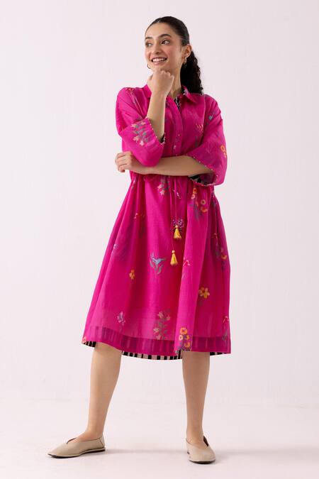 Shop Label Shreya Sharma Pink Cotton Embroidery Collared Floral Bloom Print Dress Online at Aza Fashions Shop_Label Shreya Sharma_Pink Cotton Embroidery Collared Floral Bloom Print Dress _Online_at_Aza_Fashions