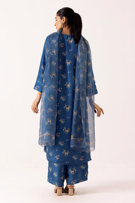 Shop Label Shreya Sharma Blue Cotton, Silk, Kota Doria V-neck Flower Print Kurta Pant Set at Aza Fashions Shop_Label Shreya Sharma_Blue Cotton, Silk, Kota Doria V-neck Flower Print Kurta Pant Set _at_Aza_Fashions