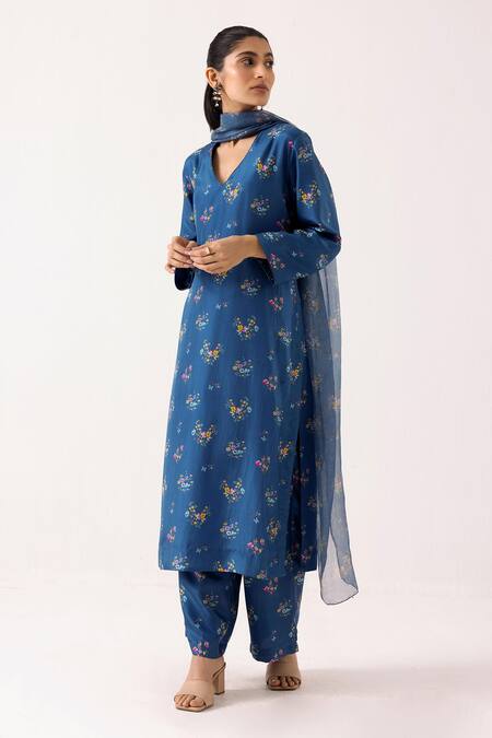 Buy Label Shreya Sharma Blue Cotton, Silk, Kota Doria V-neck Flower Print Kurta Pant Set Online at Aza Fashions Buy_Label Shreya Sharma_Blue Cotton, Silk, Kota Doria V-neck Flower Print Kurta Pant Set _Online_at_Aza_Fashions