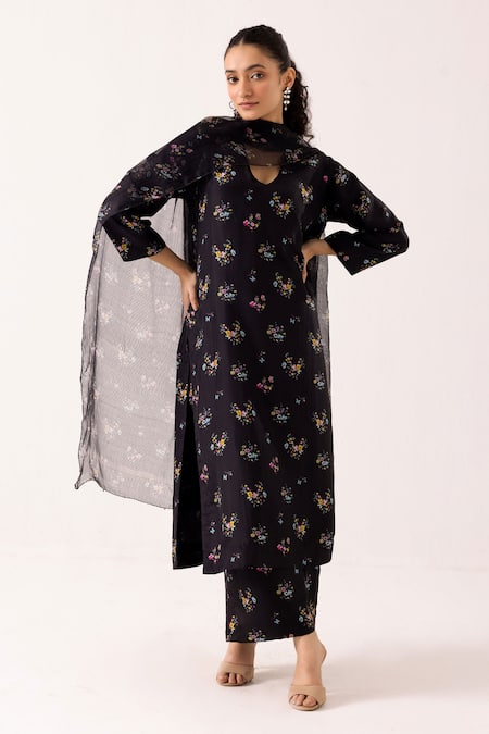 Label Shreya Sharma Black Kurta And Pant Cotton Silk Print Floral V Neck Flower Bloom Set 