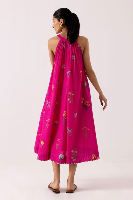 Shop_Label Shreya Sharma_Pink Cotton Embroidery Round Neck Floral Print Dress _at_Aza_Fashions