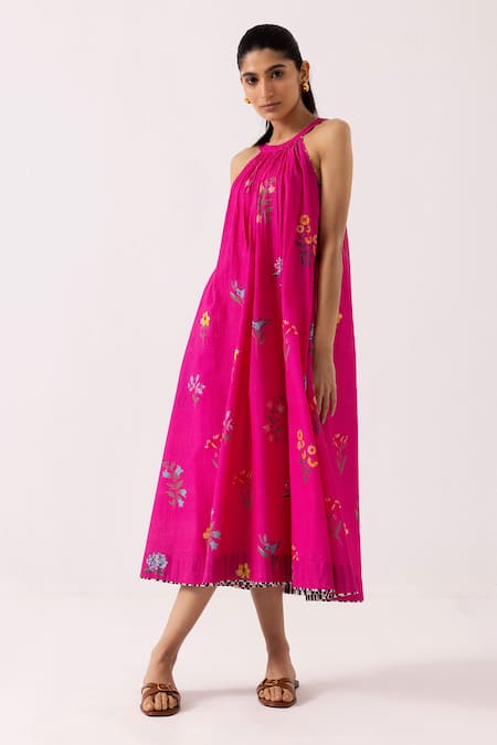 Label Shreya Sharma_Pink Cotton Embroidery Round Neck Floral Print Dress _Online_at_Aza_Fashions