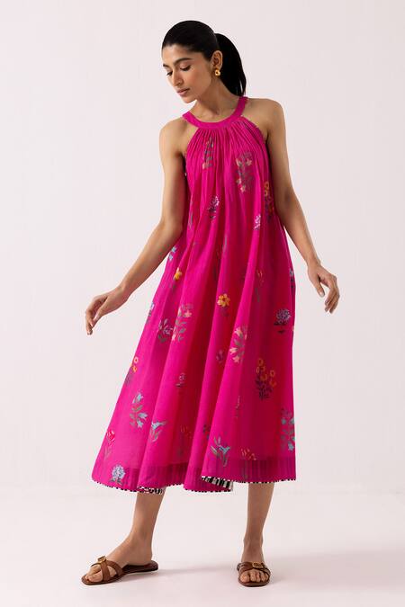Buy_Label Shreya Sharma_Pink Cotton Embroidery Round Neck Floral Print Dress _Online_at_Aza_Fashions